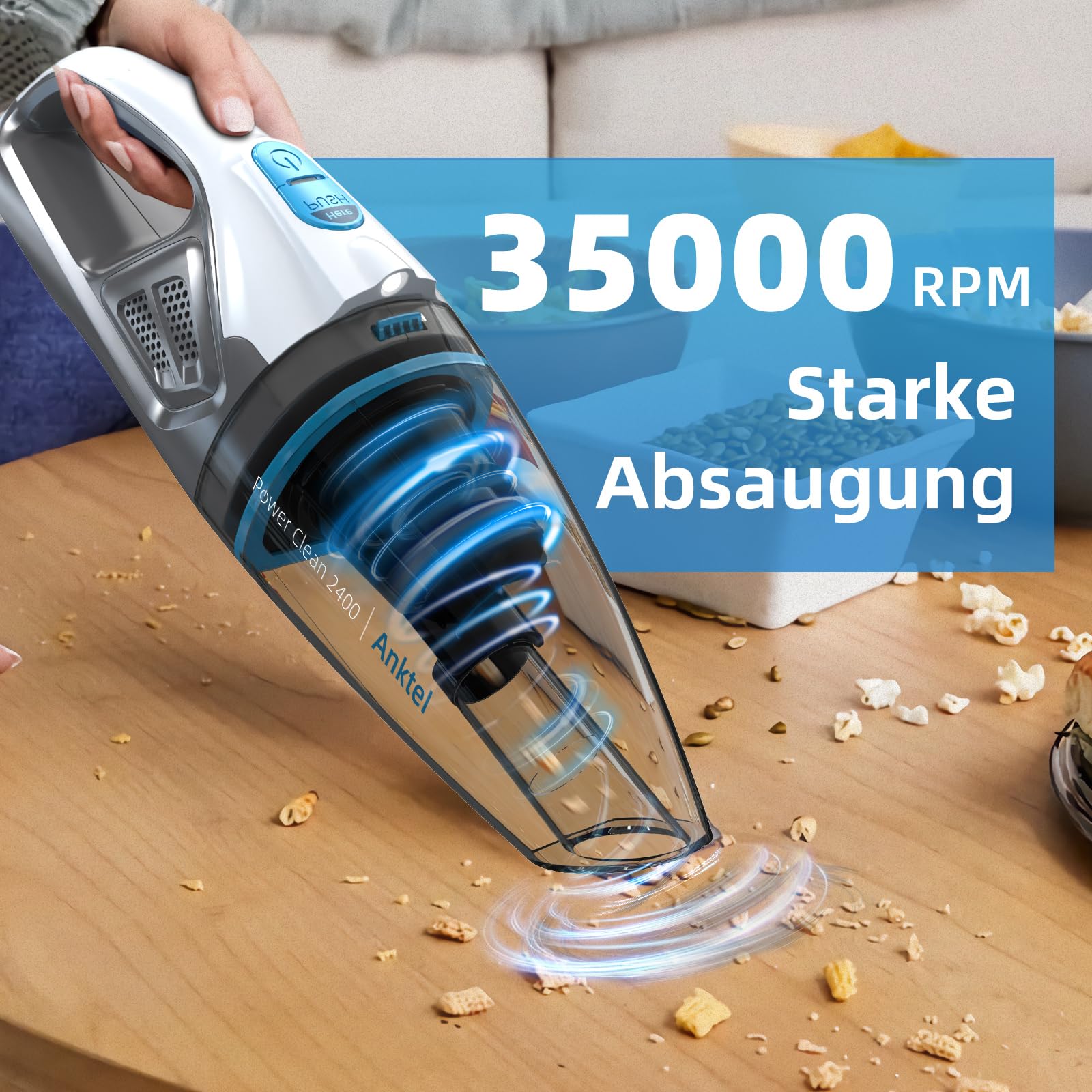 Anktel PowerClean 2400 безжична ръчна прахосмукачка – мокро и сухо почистване, LED осветление, HEPA филтър Anktel PowerClean 2400 безжична ръчна прахосмукачка – мокро и сухо почистване, LED осветление, HEPA филтър